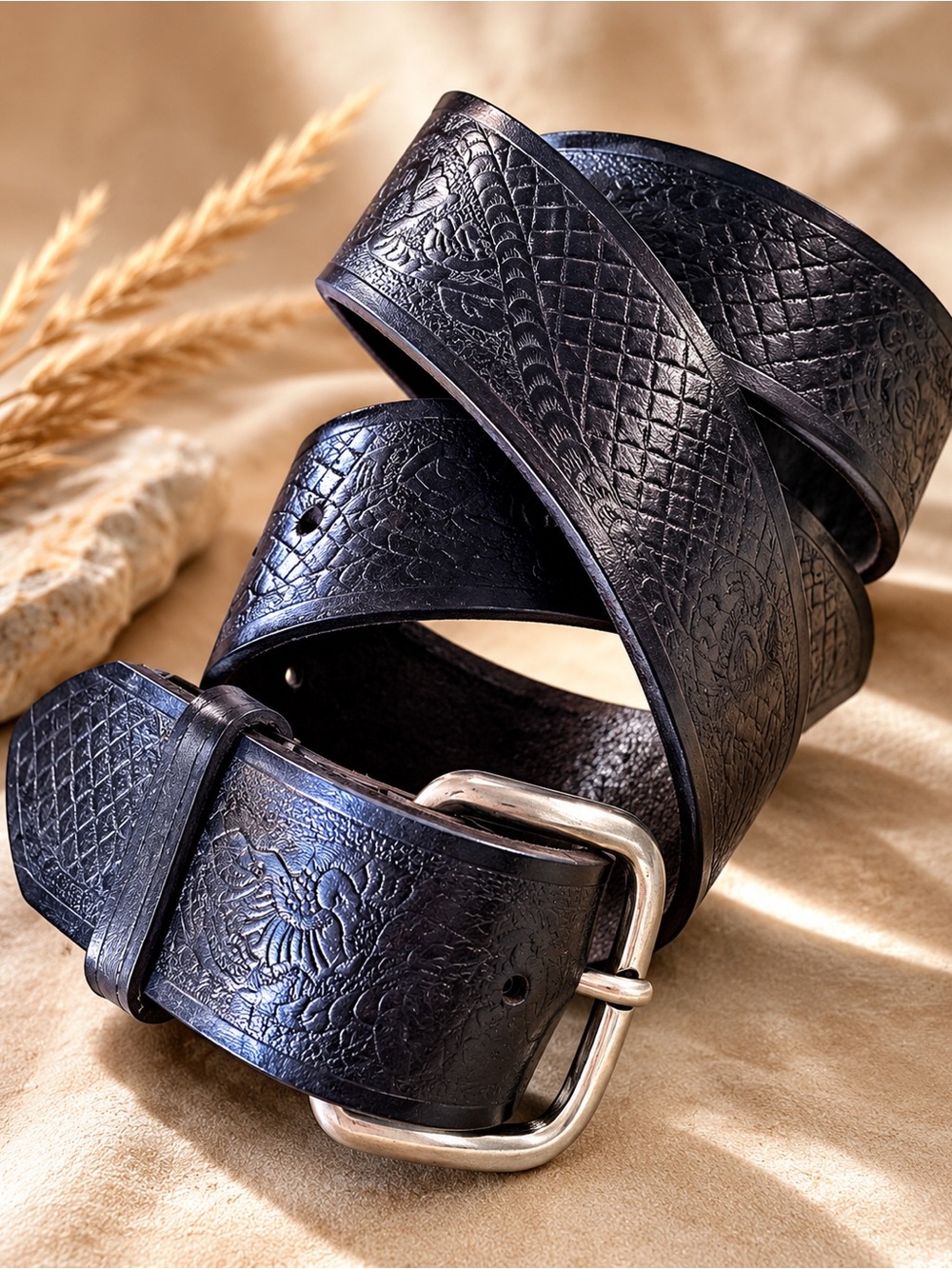 Vintage Black Embossed Leather Belt Size 40 Made in USA Textured Western Casual